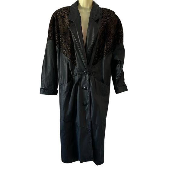 Vintage 80’s Avanti Black Leather Duster Trench Coat Copper Embossed Suede - Picture 4 of 16